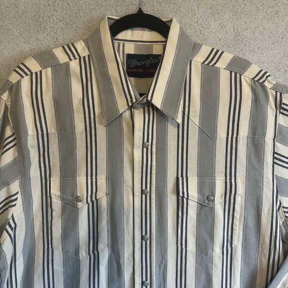 Vtg Wrangler Brushpopper Mens Shirt Western Striped Pearl Snap 17.5-35 Long Tail - Picture 3 of 7